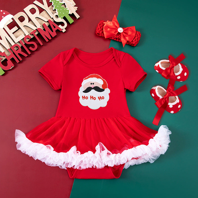 Baby Girl Christmas Party Holiday Clothes Cartoon Old Man Tree Baby's Gown Shoes Hair Accessories 3-piece Set