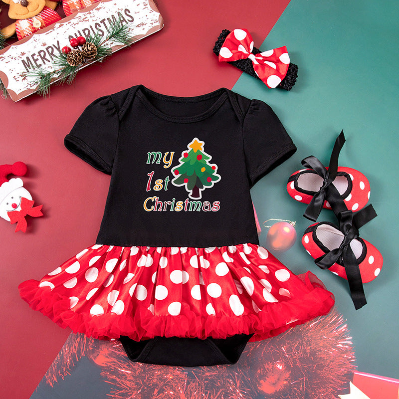 Baby Girl Christmas Party Holiday Clothes Cartoon Old Man Tree Baby's Gown Shoes Hair Accessories 3-piece Set