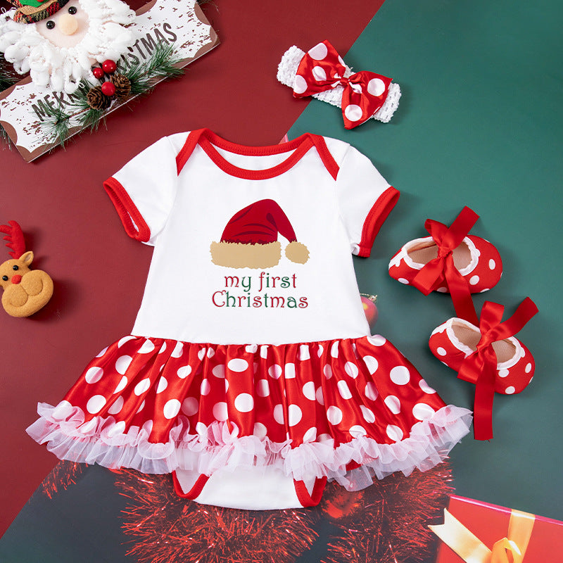Baby Girl Christmas Party Holiday Clothes Cartoon Old Man Tree Baby's Gown Shoes Hair Accessories 3-piece Set