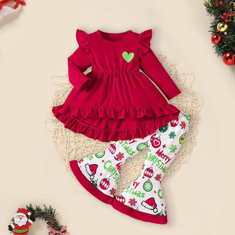 Toddler Baby Girls Christmas Clothes Ruffle Long Sleeve Heart Print Tops Dress Christmas Ball Print Flared Pants With Headband Outfits Set