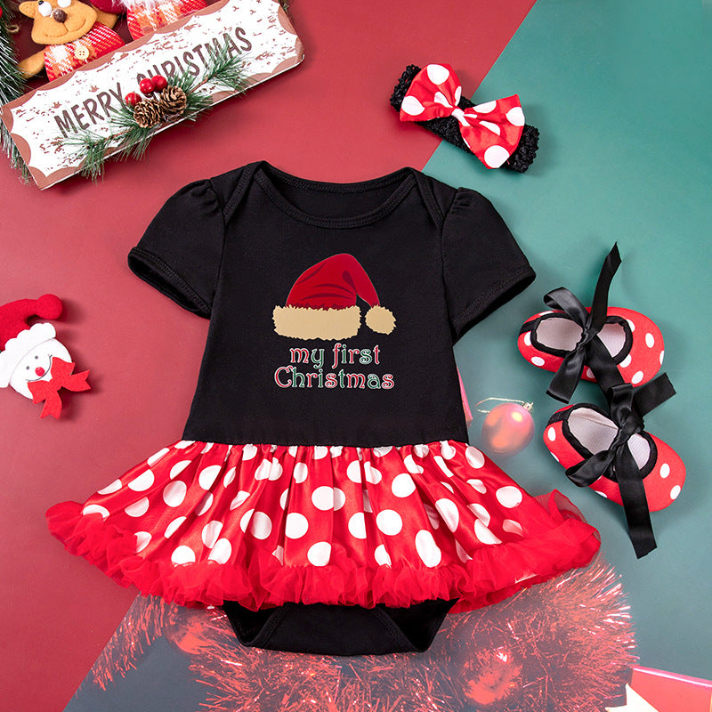 Baby Girl Christmas Party Holiday Clothes Cartoon Old Man Tree Baby's Gown Shoes Hair Accessories 3-piece Set