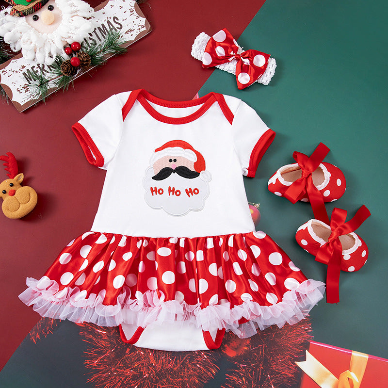 Baby Girl Christmas Party Holiday Clothes Cartoon Old Man Tree Baby's Gown Shoes Hair Accessories 3-piece Set