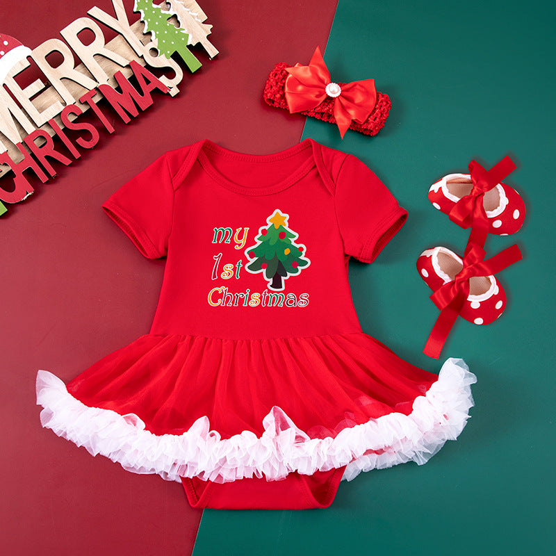 Baby Girl Christmas Party Holiday Clothes Cartoon Old Man Tree Baby's Gown Shoes Hair Accessories 3-piece Set