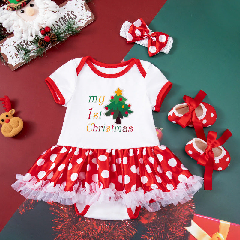 Baby Girl Christmas Party Holiday Clothes Cartoon Old Man Tree Baby's Gown Shoes Hair Accessories 3-piece Set