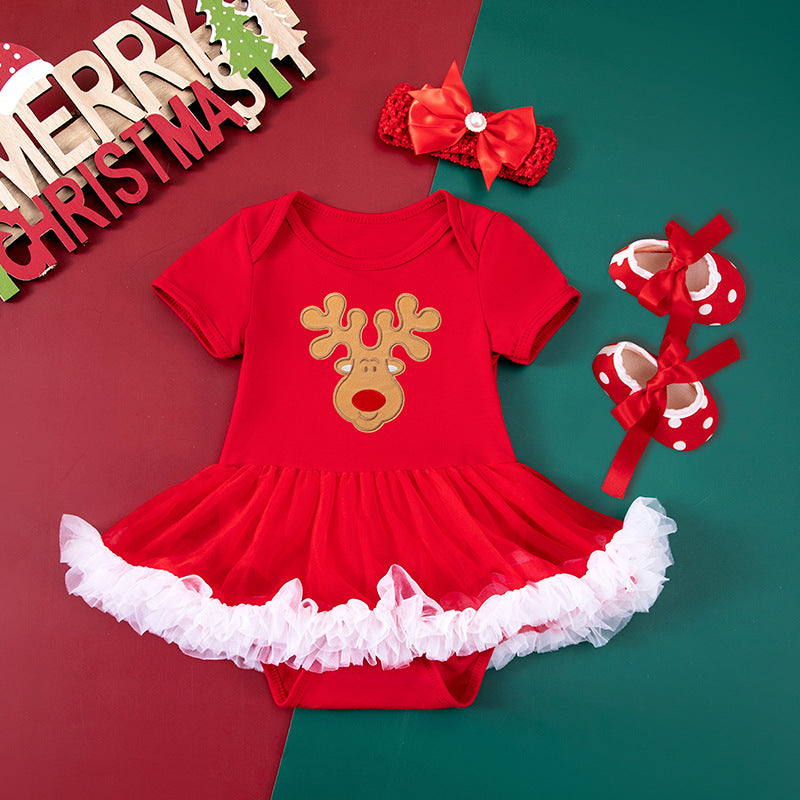 Baby Girl Christmas Party Holiday Clothes Cartoon Old Man Tree Baby's Gown Shoes Hair Accessories 3-piece Set