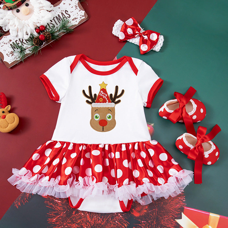 Baby Girl Christmas Party Holiday Clothes Cartoon Old Man Tree Baby's Gown Shoes Hair Accessories 3-piece Set