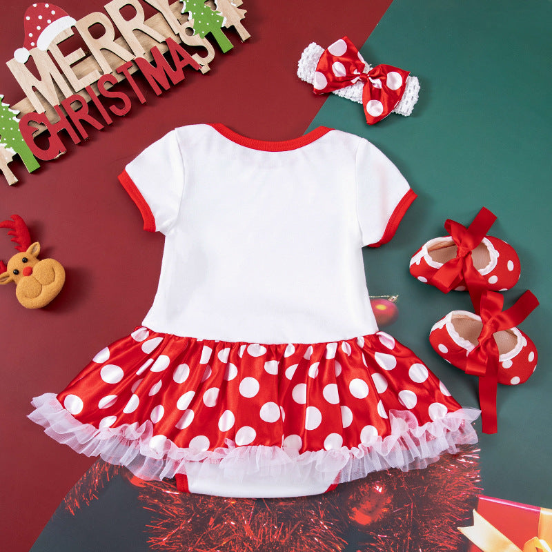 Baby Girl Christmas Party Holiday Clothes Cartoon Old Man Tree Baby's Gown Shoes Hair Accessories 3-piece Set