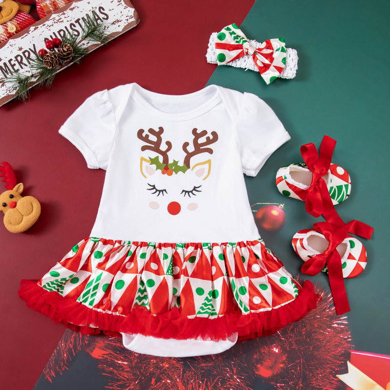 Baby Girl Christmas Party Holiday Clothes Cartoon Old Man Tree Baby's Gown Shoes Hair Accessories 3-piece Set