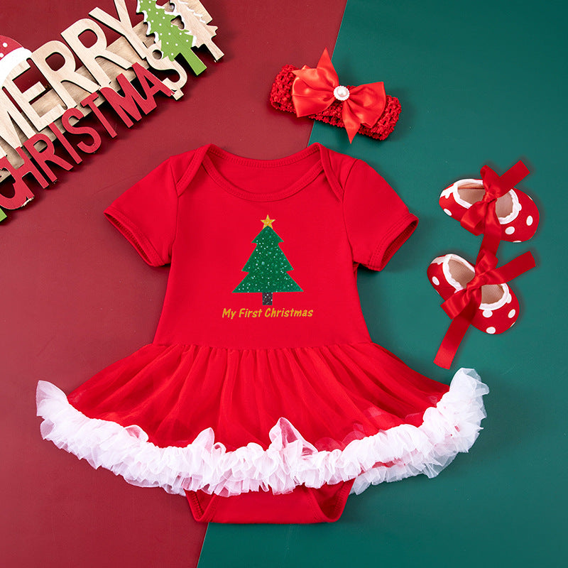 Baby Girl Christmas Party Holiday Clothes Cartoon Old Man Tree Baby's Gown Shoes Hair Accessories 3-piece Set